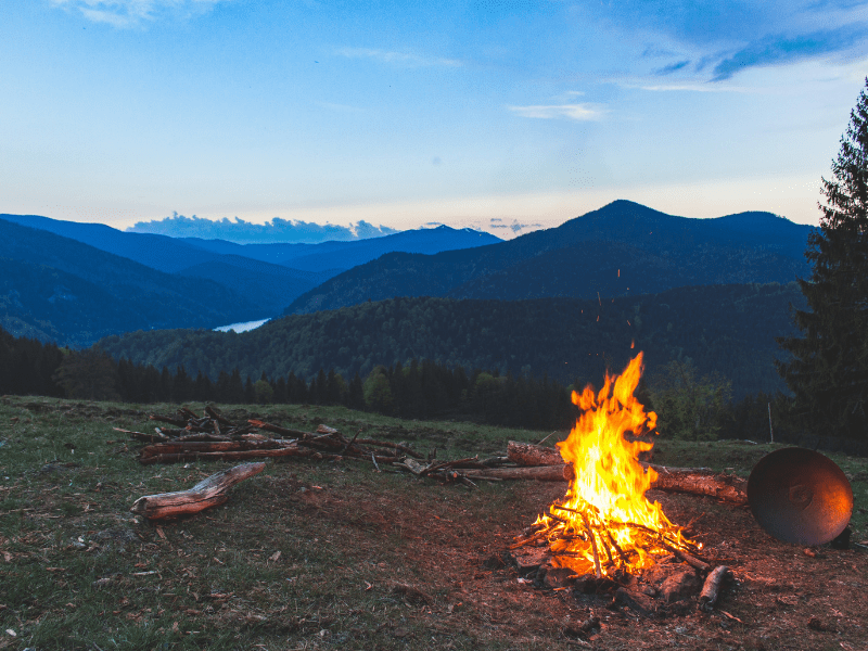 campfire and mountains