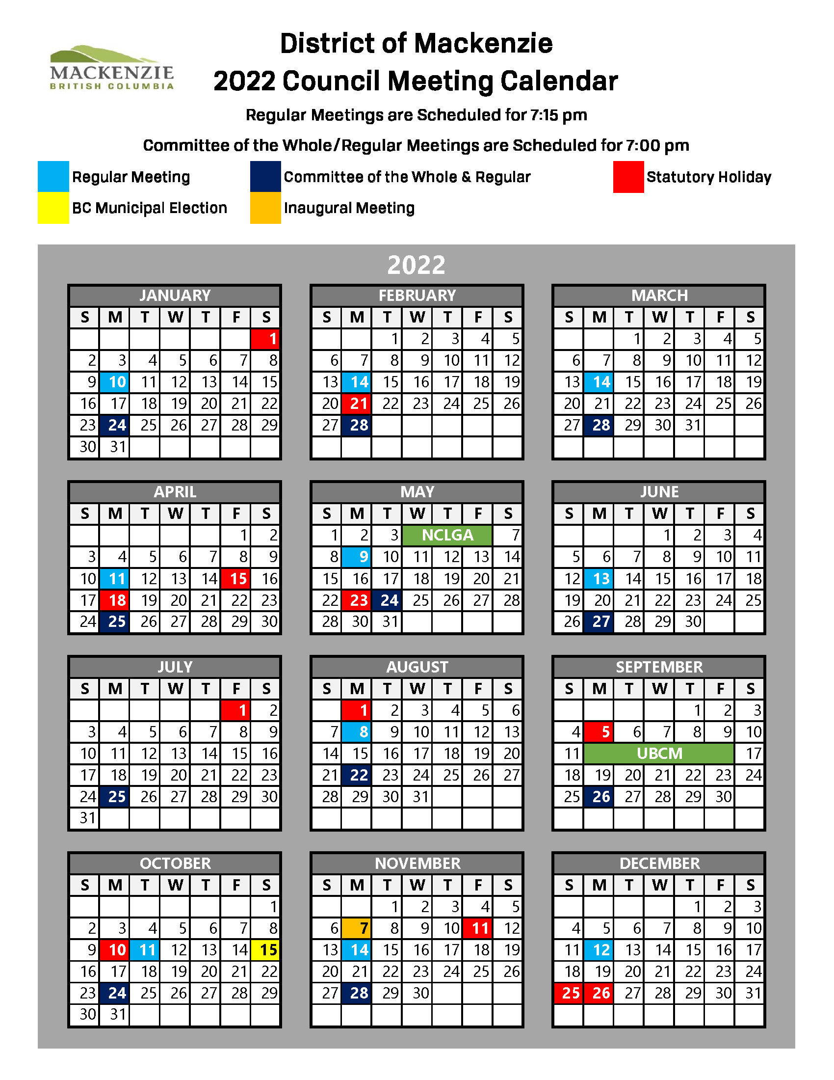 Council Meeting Calendar 2022