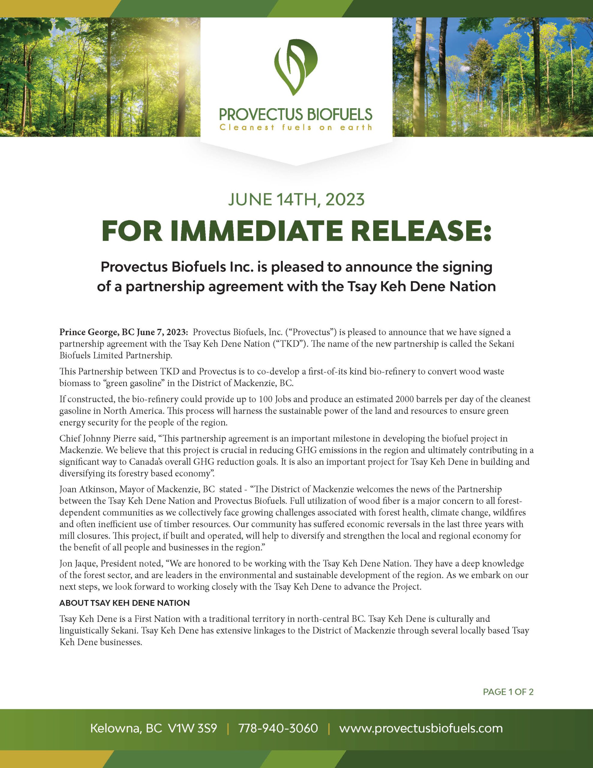 Provectus Biofuels News Release June 14, 2023 Page 1