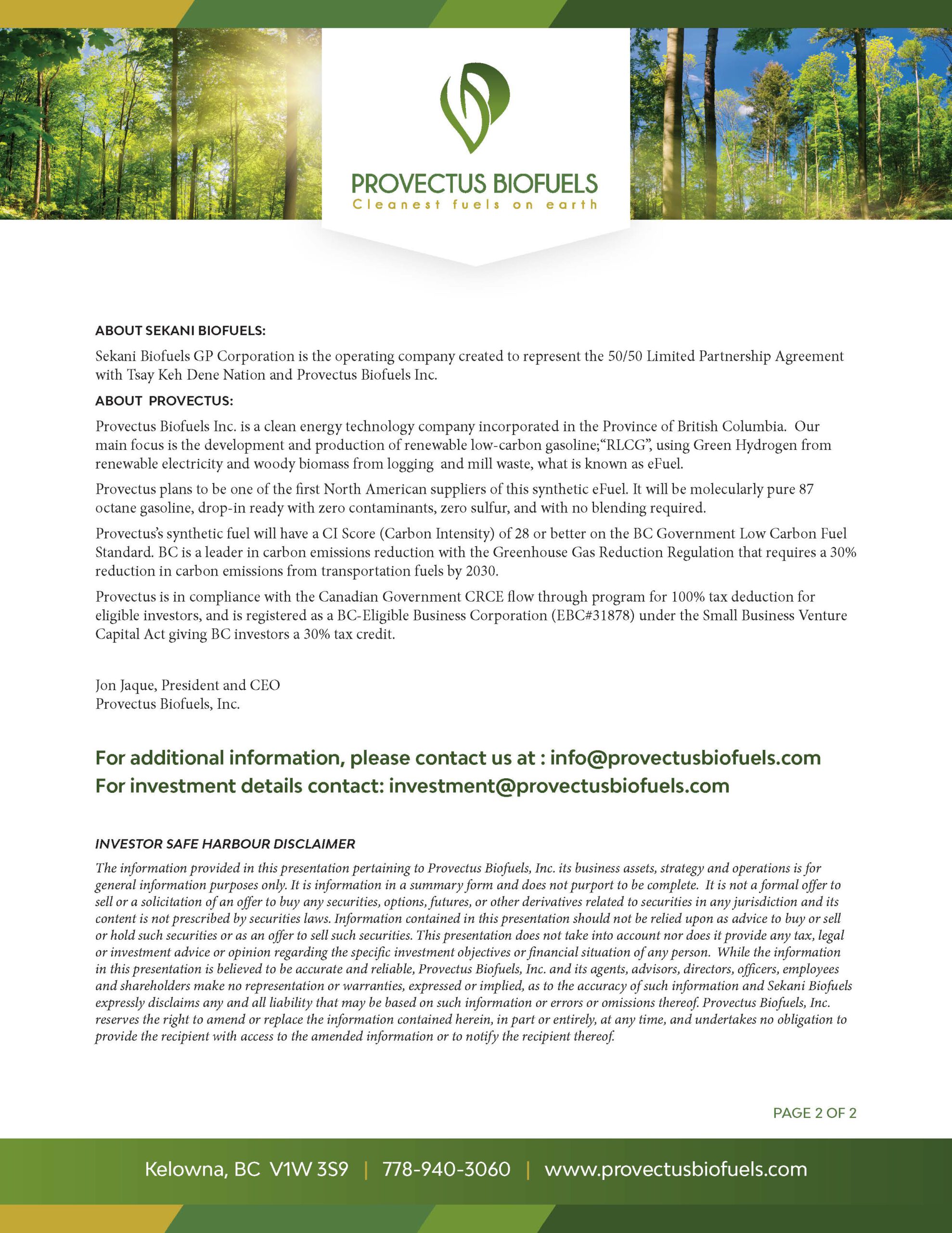 Provectus Biofuels News Release June 14, 2023 Page 2