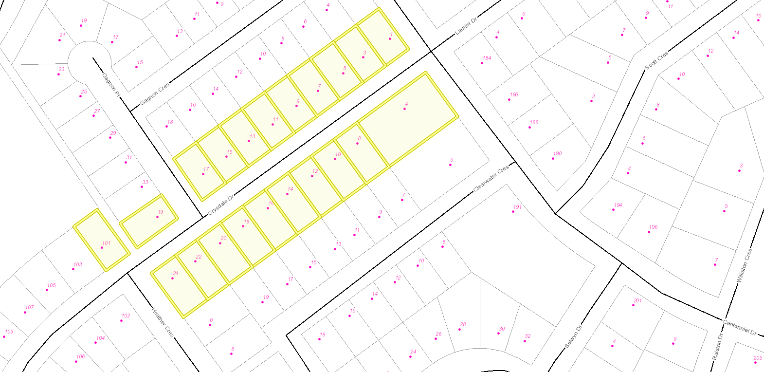 map of affected properties along crysdale drive