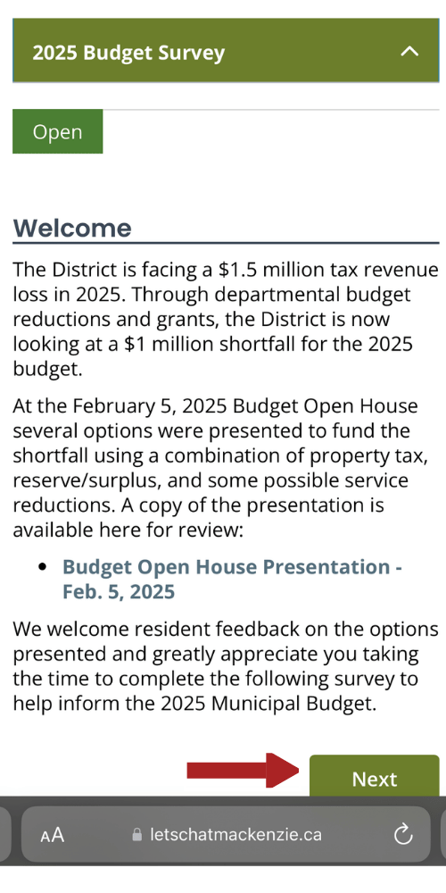 The photo shows a screenshot of the 2025 Budget Survey welcome page, available on Lets Chat Mackenzie. An arrow is indicating to click the next button in the bottom right hand corner to start the survey.