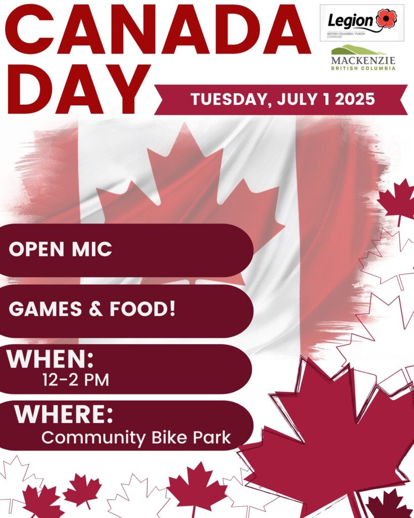 Poster including Canada Day activity listing: open mic, games, food, 12:00 - 2:00 pm at the Community Bike Park.