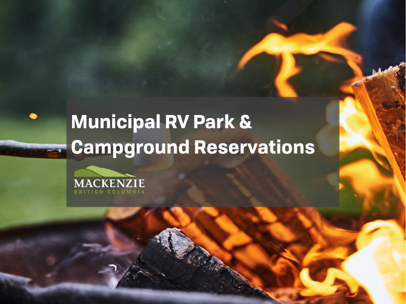 A marshmallow on a stick is roasted over a crackling camp fire with text that says Municipal RV Park & Campground Reservations