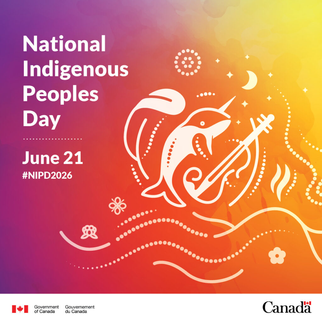 An image featuring intertwined symbols representing First Nations, Inuit and Métis: a feather, a narwhal and a fiddle. They appear in white against a vibrant gradient background evoking the warm light of the longest day of the year. Surrounding these central symbols are decorative elements illustrating other aspects of First Nations, Inuit and Métis cultures.