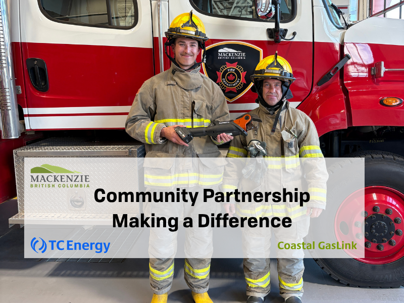 Two firefighters show off a new battery-operated mini cutter